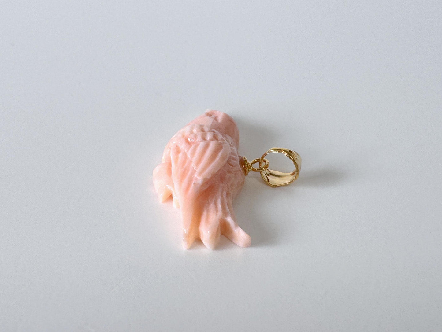 Carved Coral Bird Pendant Natural Jewelry, Pink Deep Sea Coral (35x13.8mm, Gold-plated Silver Bail, Hand Carved)