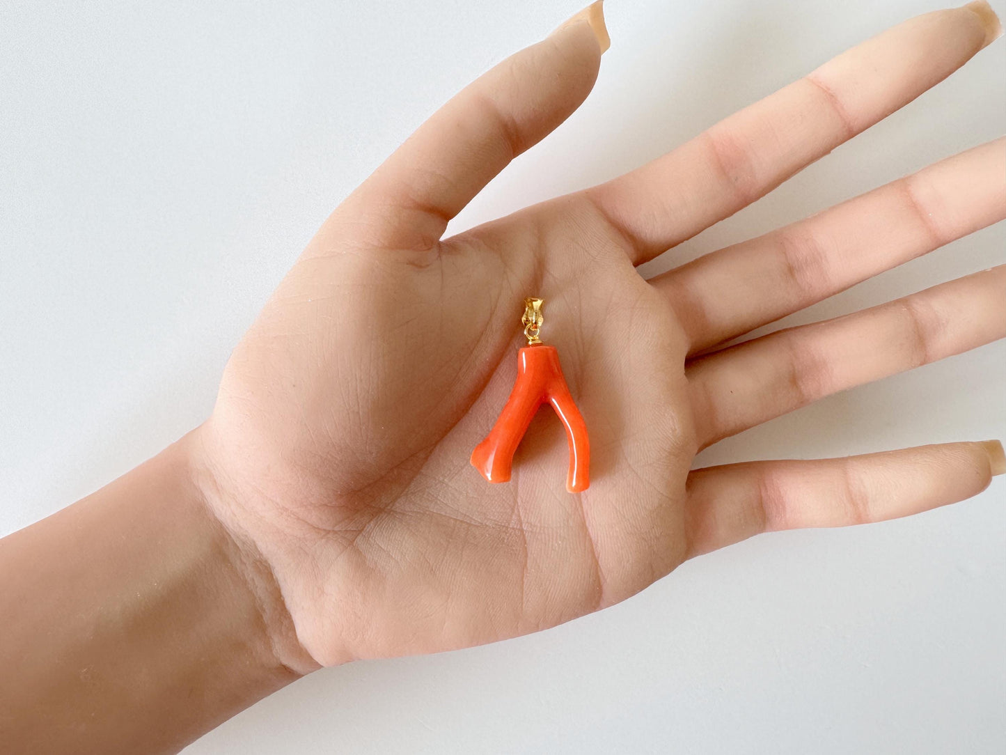 Natural Red (Aka) Coral Branch Pendant, Vermilion Natural Color Japanese Coral, Length 25mm, Silver bail (gold plated)