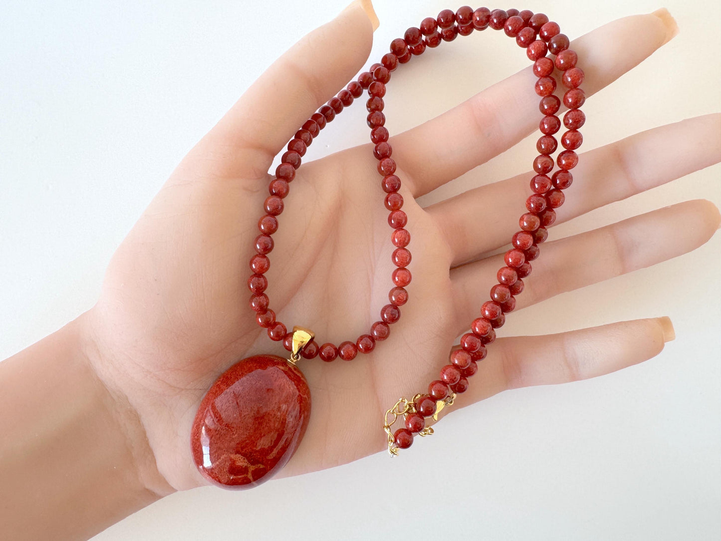 Sponge Coral Necklace with Oval Pendant, Dark Red, Brass Hook & Adjuster, Bail
