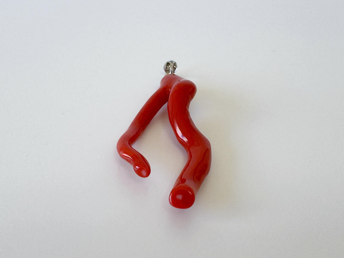 Momo Coral Branch Pendant: Japanese Coral Jewelry, Vermilion Orange (44mm, Rhodium-Plated Silver Bail)