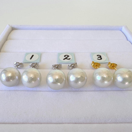 Akoya Pearl Stud Earrings: Japanese Natural Light Blue Pearls, Silver 925 (9.5mm Semi-Round, Saltwater Cultured)