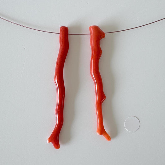 Natural Japanese Momo Coral branches, Set of 2pcs, Natural Dark Orange Color, Side Full-Hole, Genuine Precious Coral, for Jewelry Making