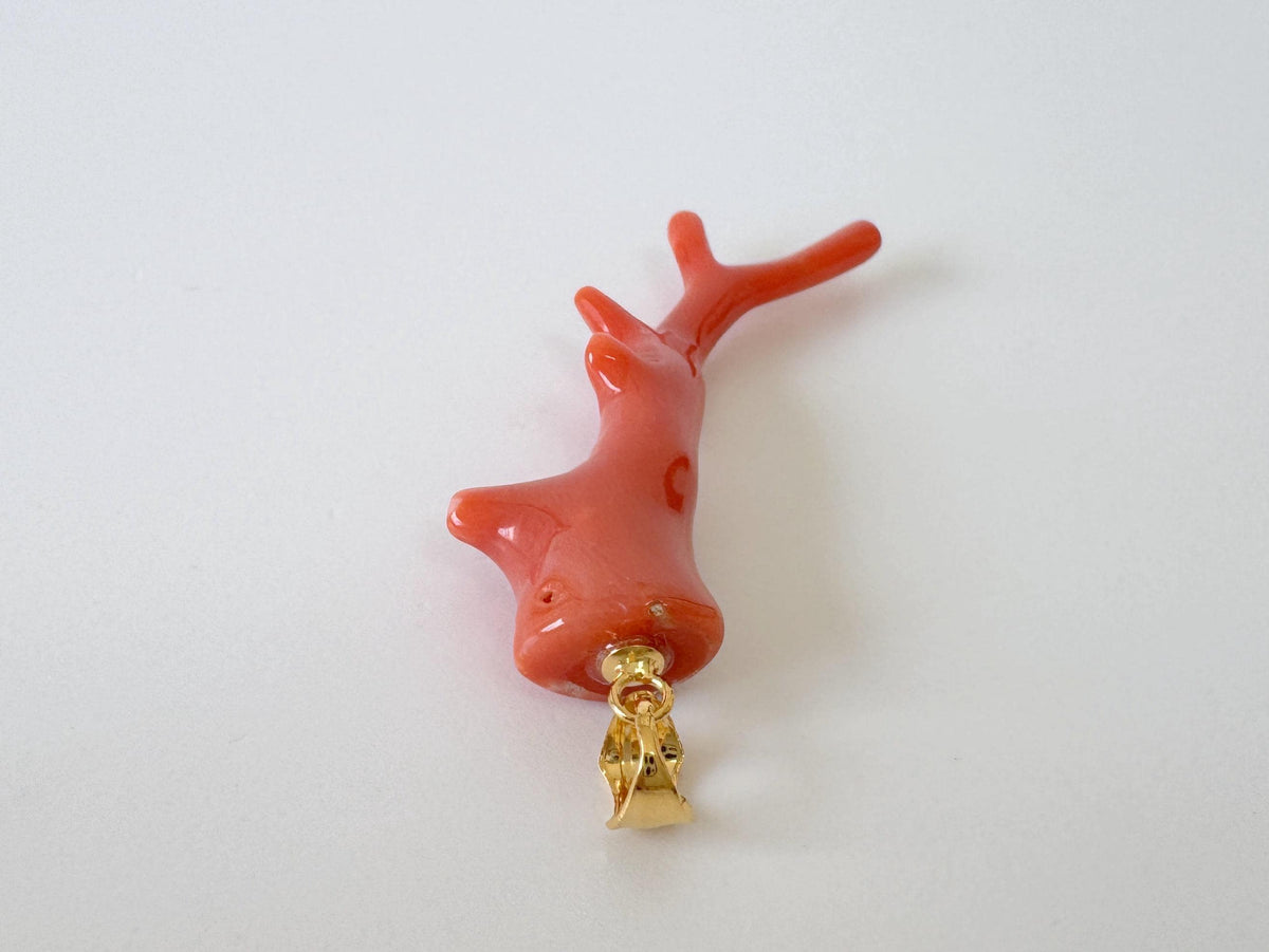 Momo Coral Branch Pendant: Natural Japanese Orange Coral Jewelry (44mm Size, Silver Gold-Plated Bail, Genuine Supply)