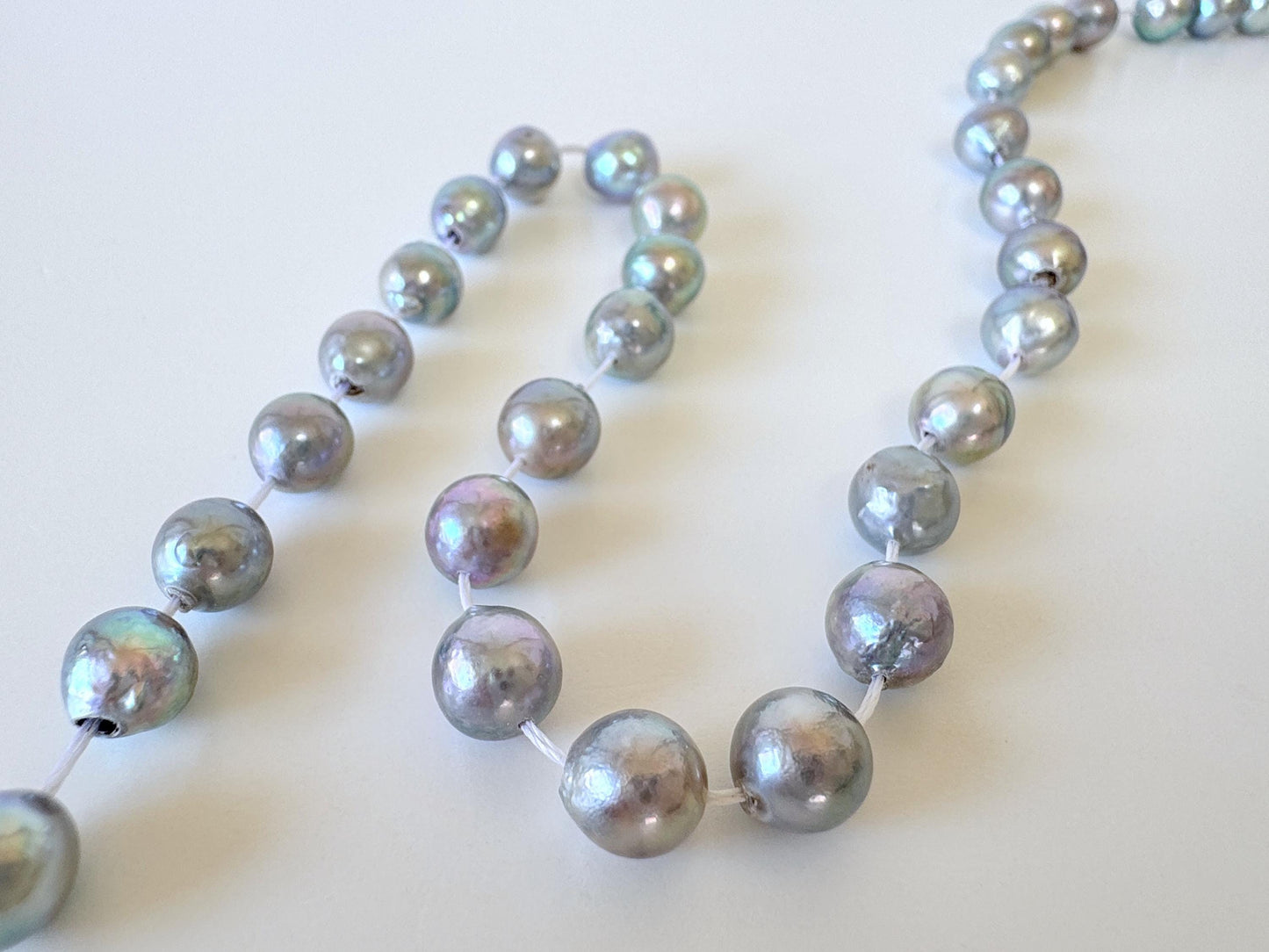 Japanese Akoya Pearl Strand - Cultured Semi-Round Beads - Natural Blue Silver Color, 7-7.5mm Size, Full 40cm Length