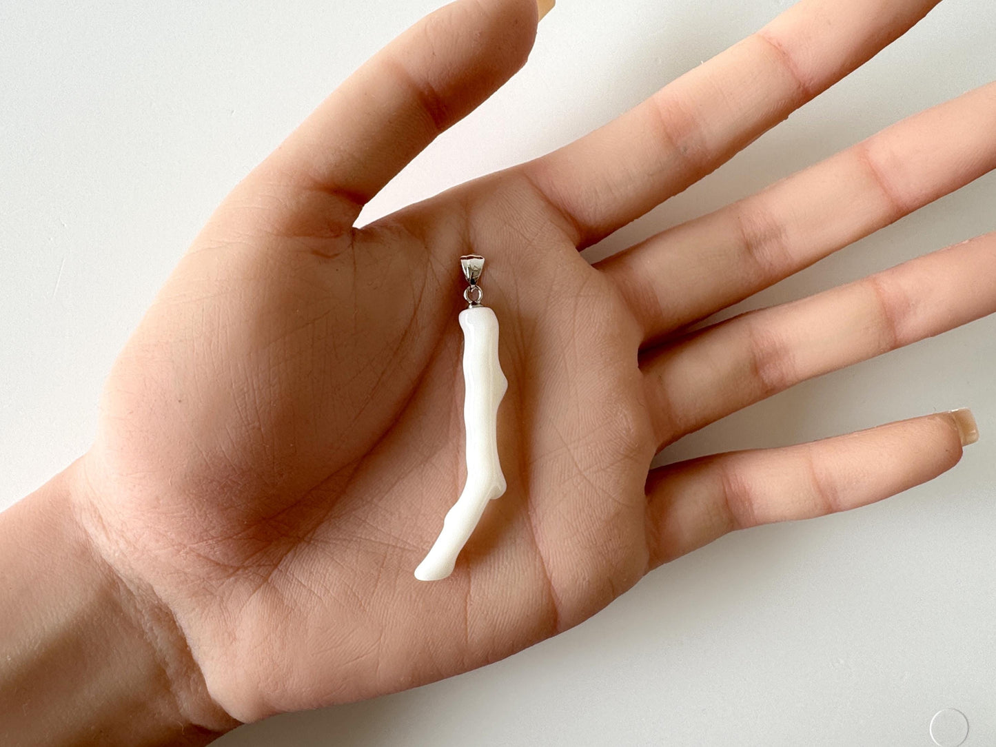 Natural Japanese White Coral Branch Pendant, 43mm, Natural White color genuine precious coral, Silver Bail (Rhodium-Plated)