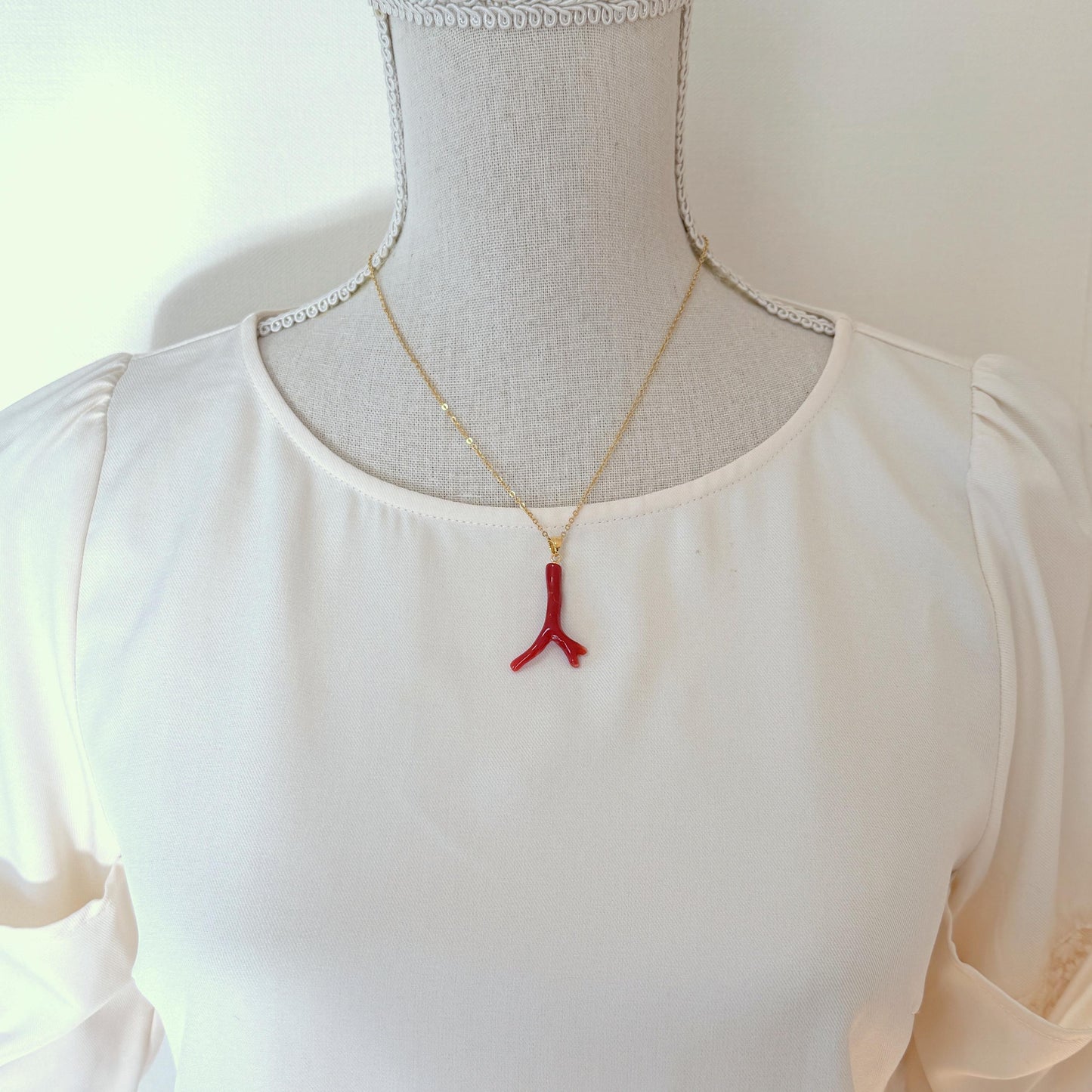 Natural Red Coral Branch Pendant: Oxblood Japanese Aka Coral, Gold Plated Silver Bail, 37mm