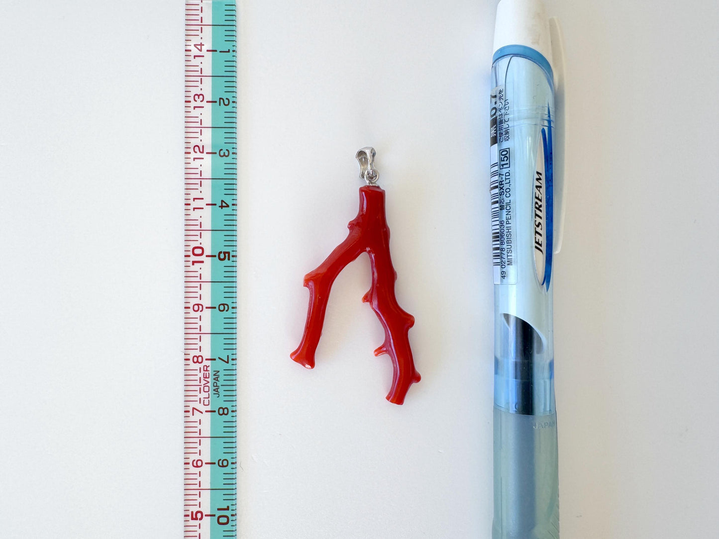 Natural Red Coral Branch Pendant: Oxblood Japanese Aka Coral, Rhodium Plated Silver Bail, 41mm
