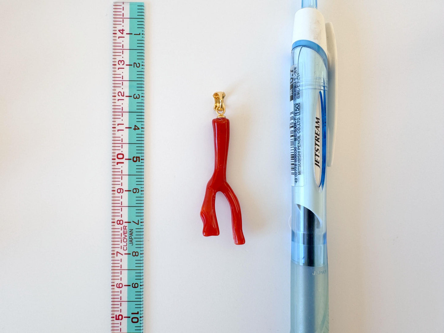 Natural Red Coral Branch Pendant: Japanese Aka Coral, Gold Plated Silver Bail, 40mm
