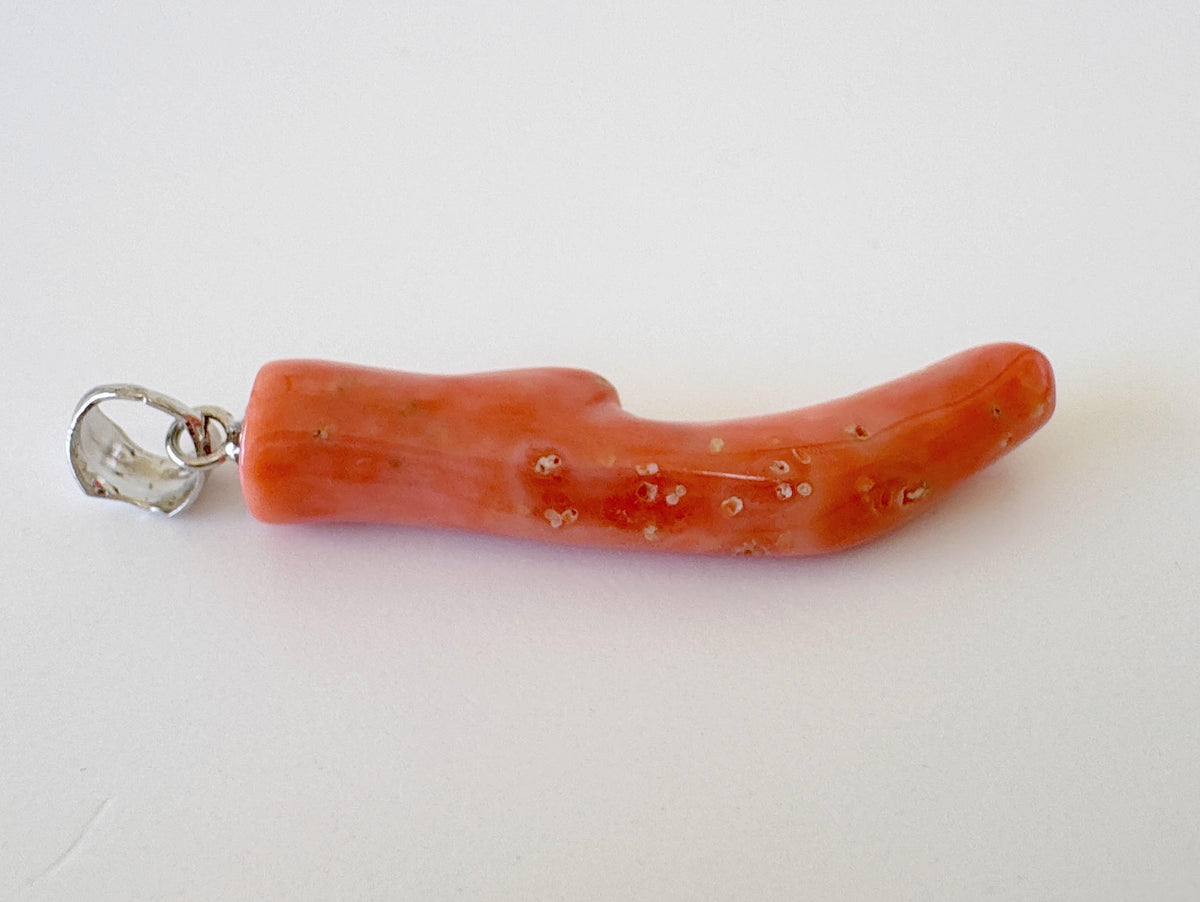 Momo Coral Branch Pendant Natural Jewelry, Japanese Orange Coral (35mm Length, Rhodium-Plated Silver Bail)