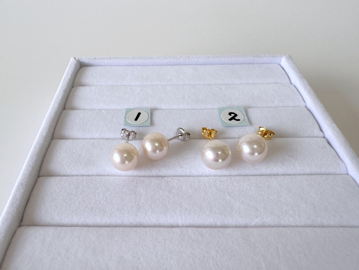 Japanese White Akoya Pearl Stud Earrings, 8.5mm, Silver 925 Post/Ear Nuts, Genuine Akoya Pearl, Salt water cultured pearl
