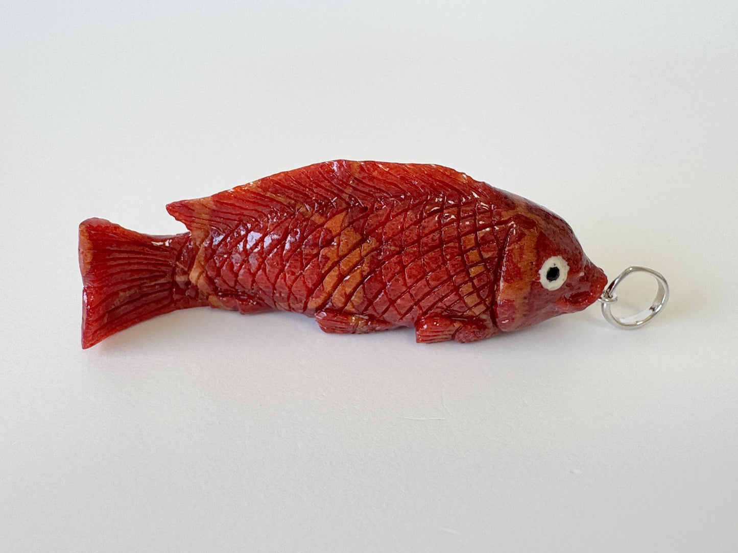 Natural Sponge Coral Carp Carving Pendant, 50mm, Apple Coral Fish Carving, Silver Bail (Rhodium plated)