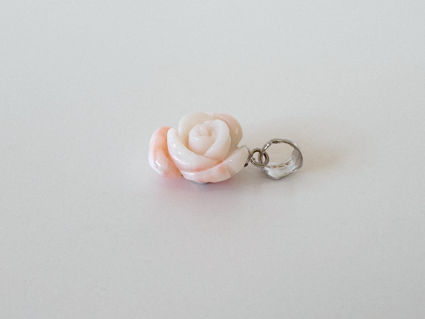 Genuine Coral Rose Pendant: Pink and White Carved Deep Sea Coral Jewelry (Silver Bail, 13.9x11.7mm, Amulet)