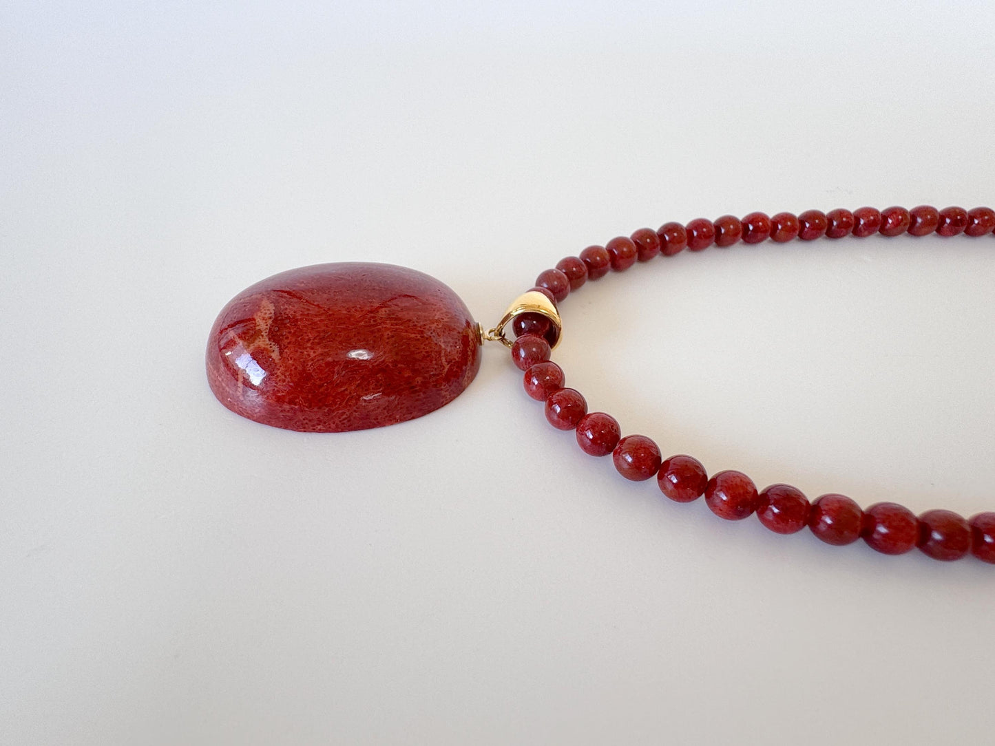 Sponge Coral Necklace with Oval Pendant, Dark Red, Brass Hook & Adjuster, Bail
