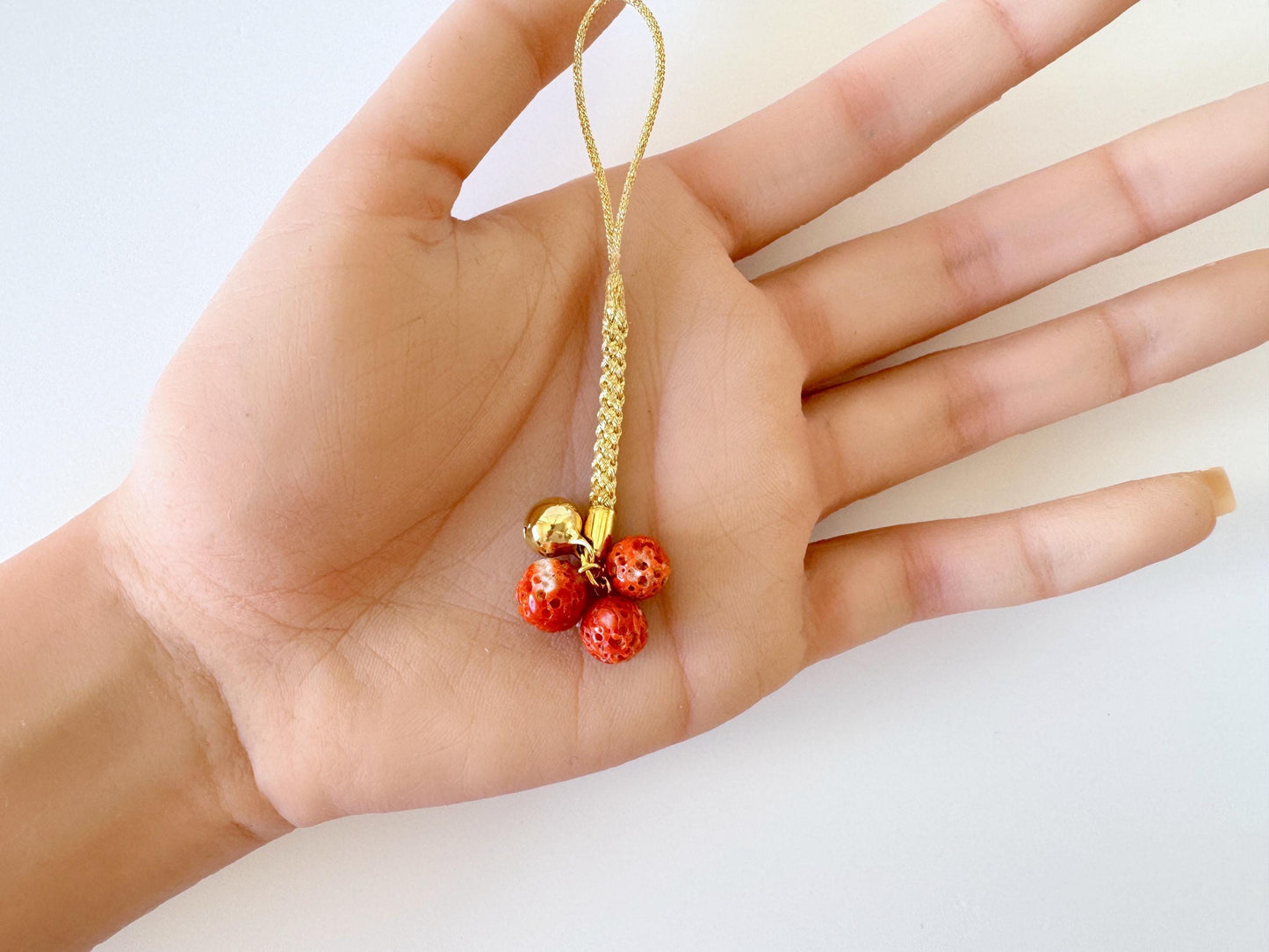 Lucky charm, Natural Aka (red) coral key strap, Netsuke strap, Natural color precious coral