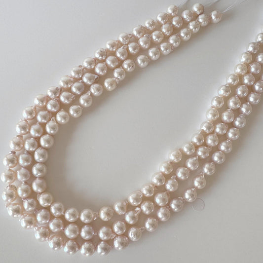 Japanese Akoya Pearl Strand 8.5-9mm Baroque Beads, White Pink Overtone (40cm, Saltwater Cultured)