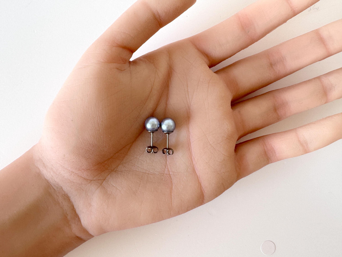Japanese Akoya Pearl Stud Earrings, Blue Silver Treated (7mm, Titanium Posts, Saltwater Cultured)