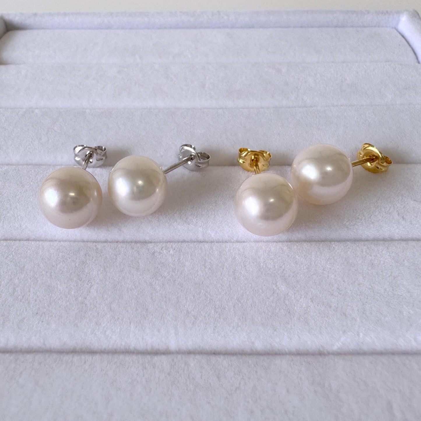 Japanese White Akoya Pearl Stud Earrings, 8.5mm, Silver 925 Post/Ear Nuts, Genuine Akoya Pearl, Salt water cultured pearl