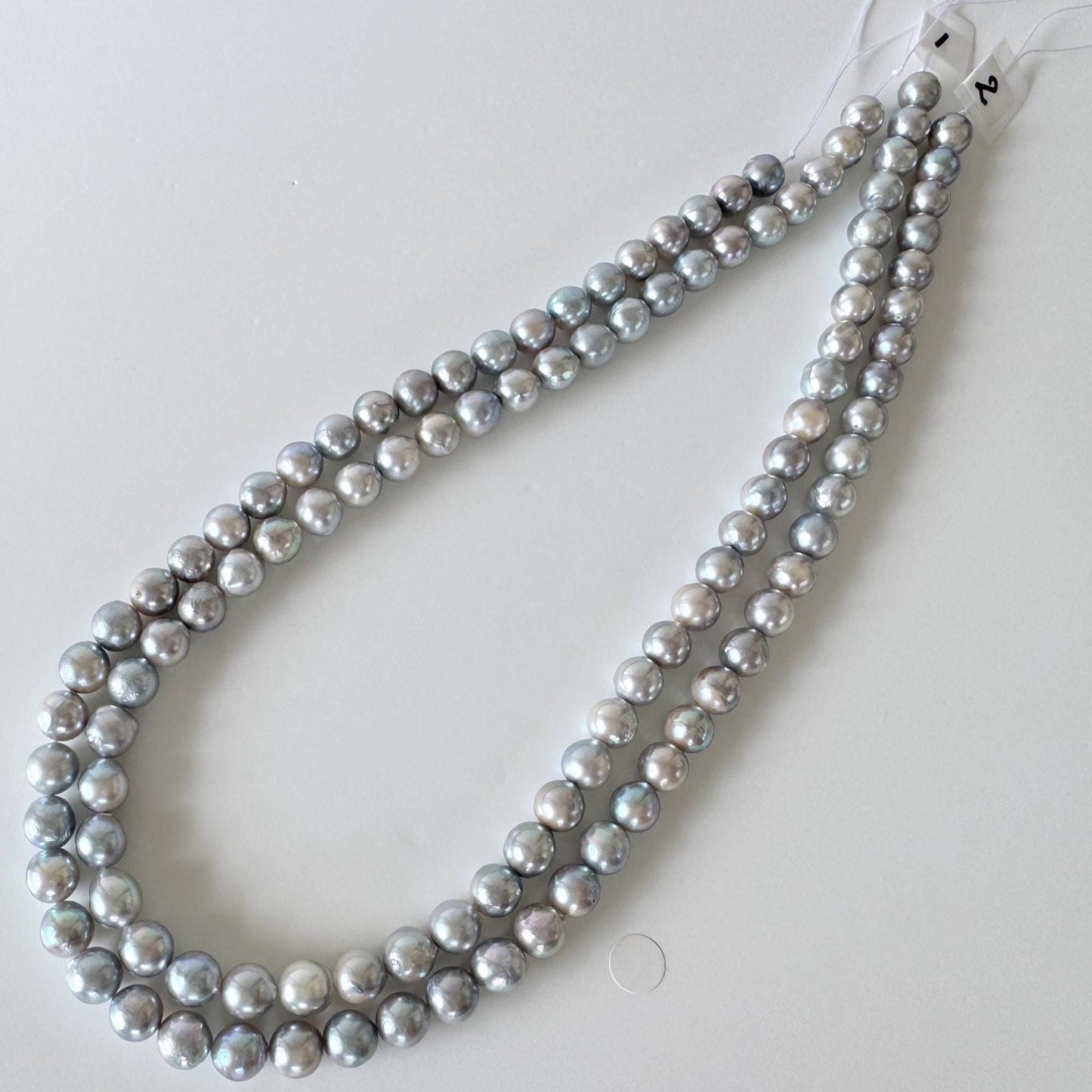 Japanese Akoya Pearl Strand - Cultured Semi-Round Beads - Natural Blue Silver Color, 7-7.5mm Size, Full 40cm Length + Additional 4 pcs