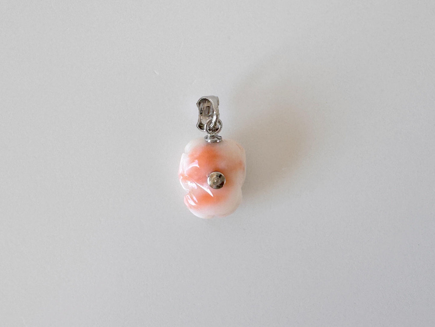 Genuine Coral Rose Pendant: Pink and White Carved Deep Sea Coral Jewelry (Silver Bail, 13.9x11.7mm, Amulet)