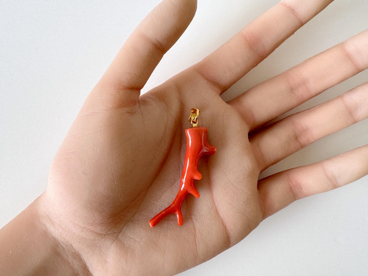 Momo Coral Branch Pendant: Natural Japanese Orange Coral Jewelry (44mm Size, Silver Gold-Plated Bail, Genuine Supply)