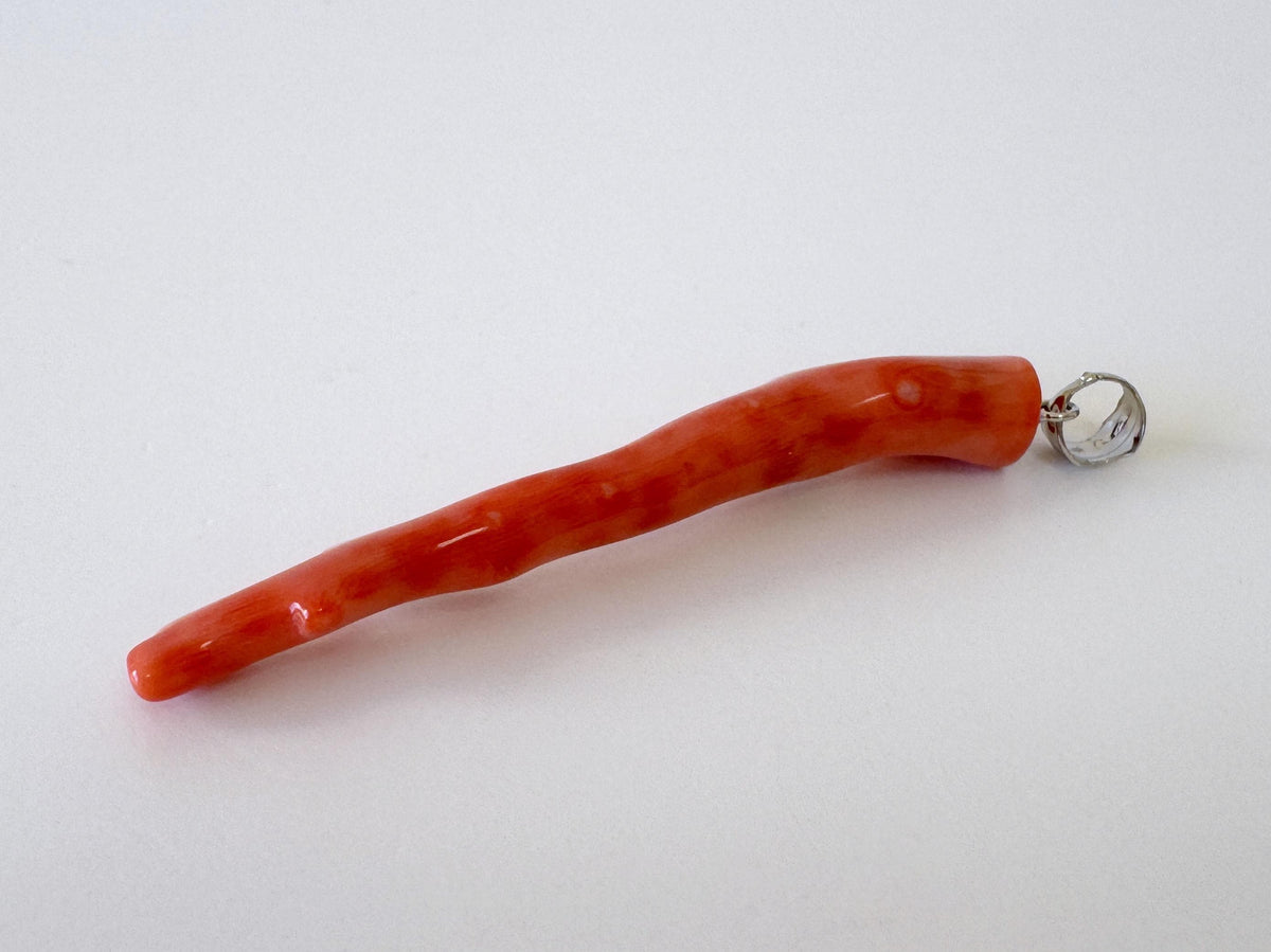 Momo Coral Branch Pendant: Natural Vermilion Orange Coral Jewelry (55mm Length, Rhodium-Plated Silver Bail, Japanese Coral)