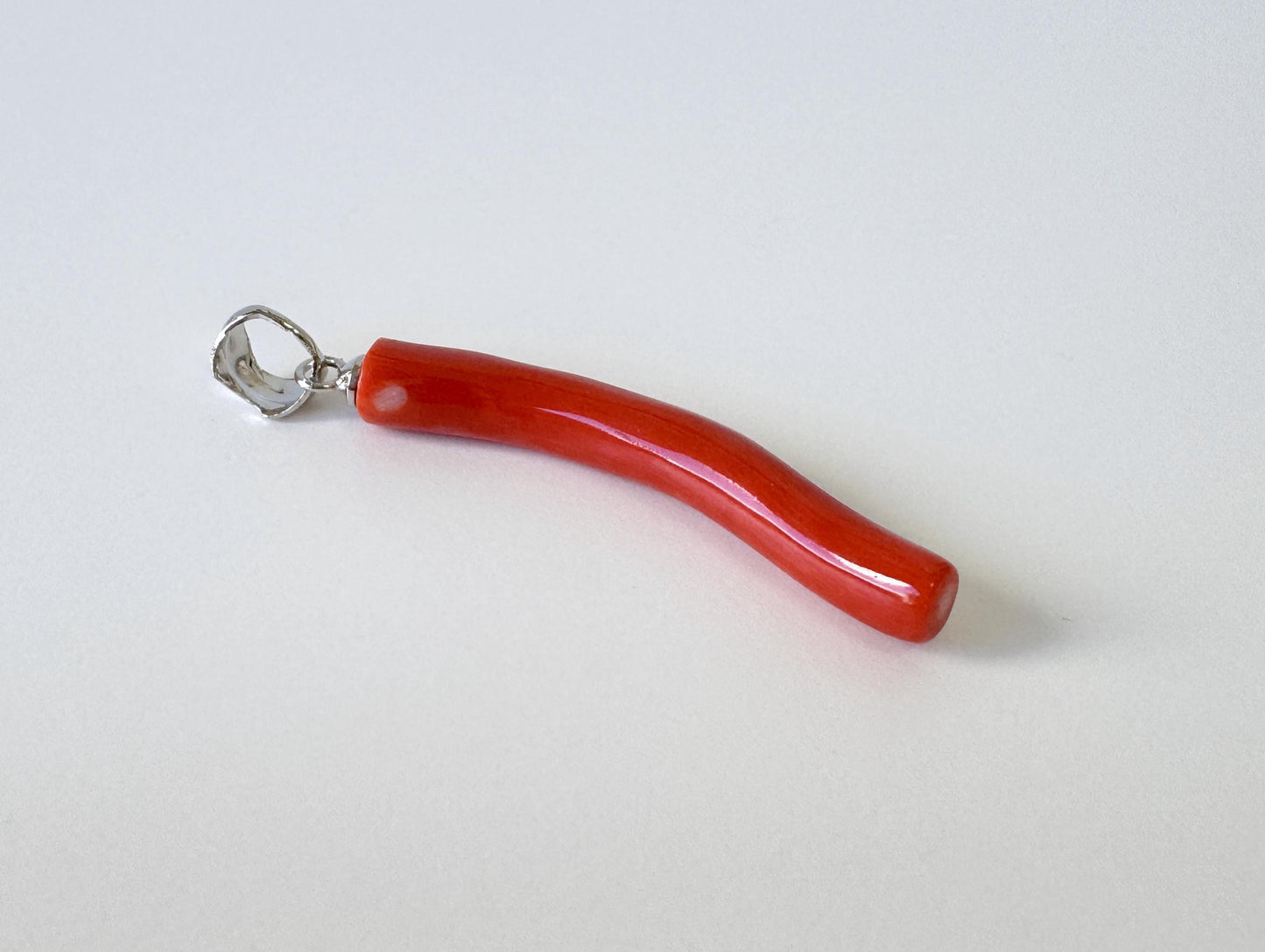 Momo Coral Branch Pendant - Japanese Coral Jewelry - Vermilion Orange, 34mm, Rhodium Silver Bail