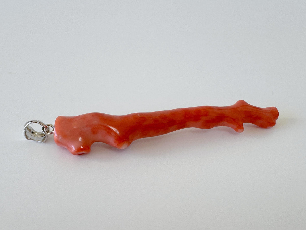 Momo Coral Branch Pendant: Natural Vermilion Orange Coral Jewelry (55mm Length, Rhodium-Plated Silver Bail, Japanese Coral)