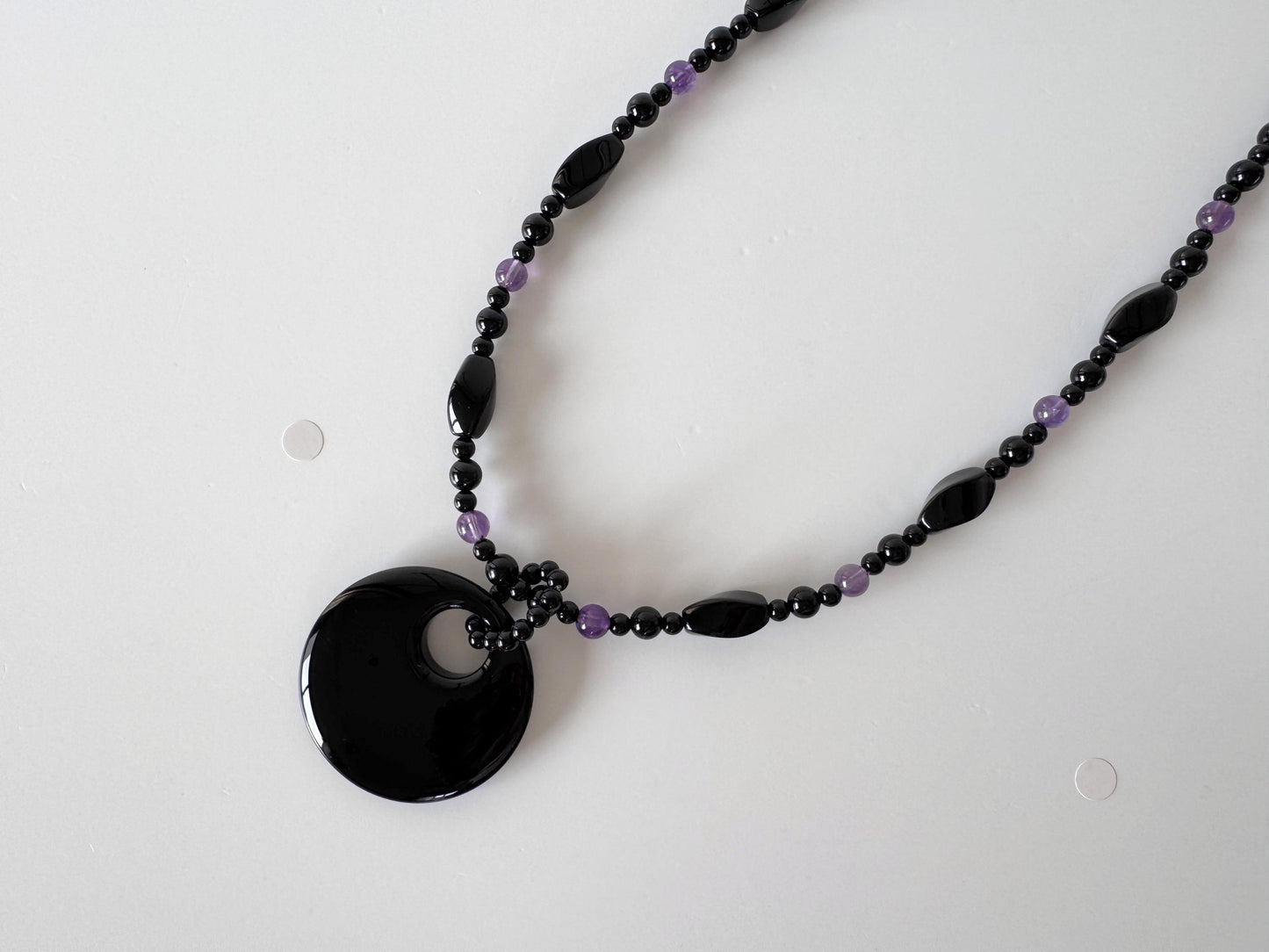 Onyx, Amethyst Necklace with Pendant, Brass Hook & Adjuster