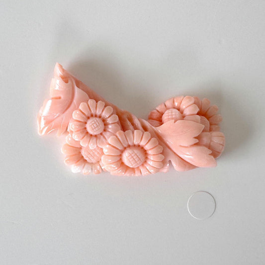 Deep Sea Coral Flower Carving: Vintage Pink Floral Gemstone, Flat Back Design (50x22mm, Handcrafted Natural Coral)