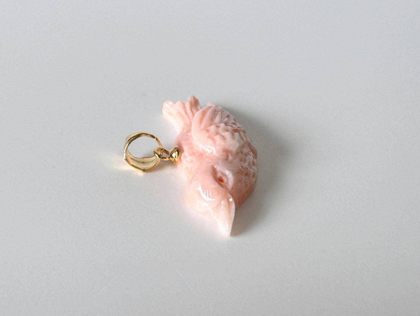 Carved Coral Bird Pendant Natural Jewelry, Pink Deep Sea Coral (35x13.8mm, Gold-plated Silver Bail, Hand Carved)