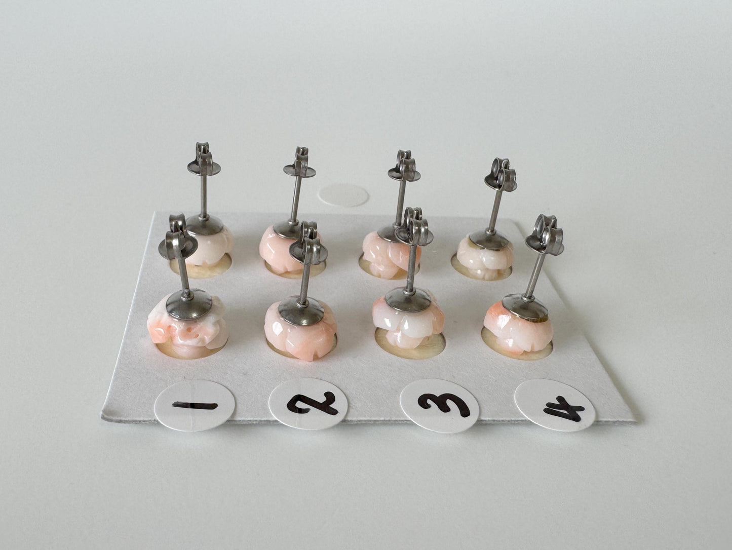 Hand-Carved Coral Rose Stud Earrings: Titanium Posts, Pink & White