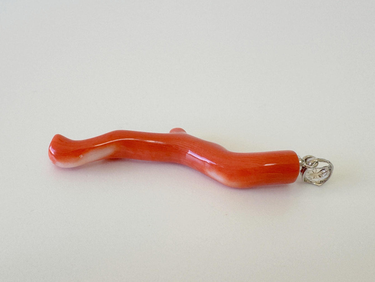 Momo Coral Branch Pendant Natural Jewelry, Japanese Orange Coral (47mm Length, Rhodium-Plated Silver Bail)