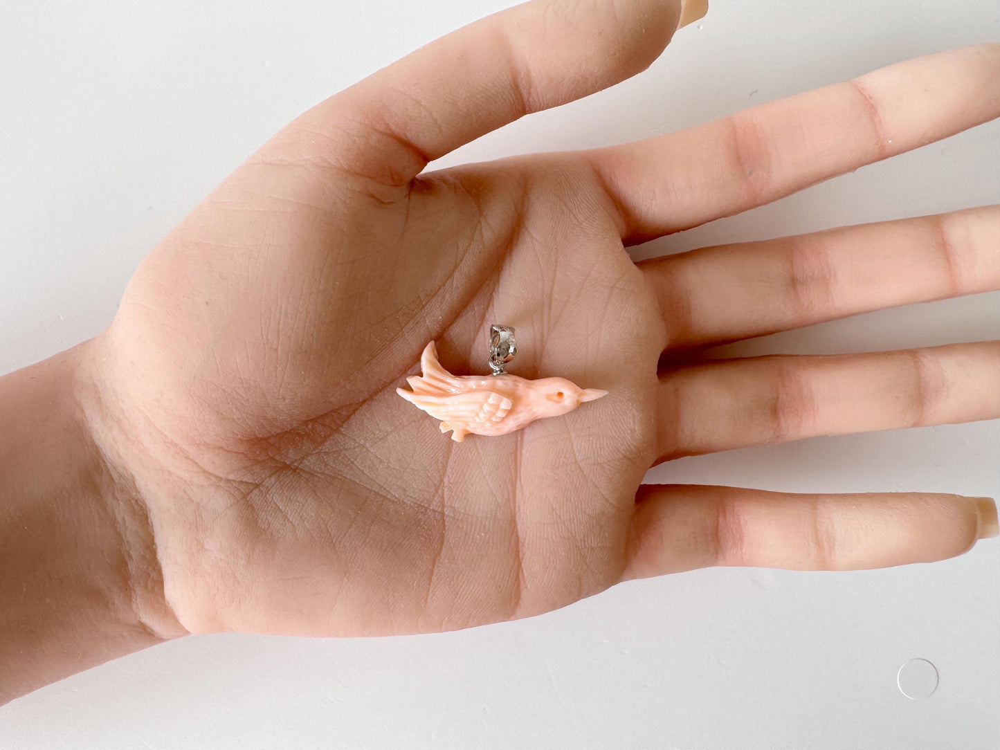 Carved Coral Bird Pendant Natural Jewelry, Pink Deep Sea Coral (34x9.2mm, Rhodium Silver Bail, Hand Carved)