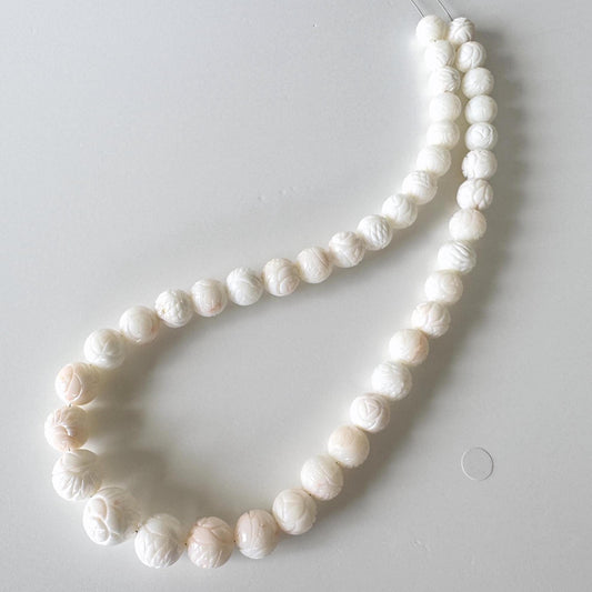 Natural White Coral (Orange Spots) Round Carved Beads Strand 8.8-13.1mm, 15.5inches, 39.5cm, Natural Color Precious Coral