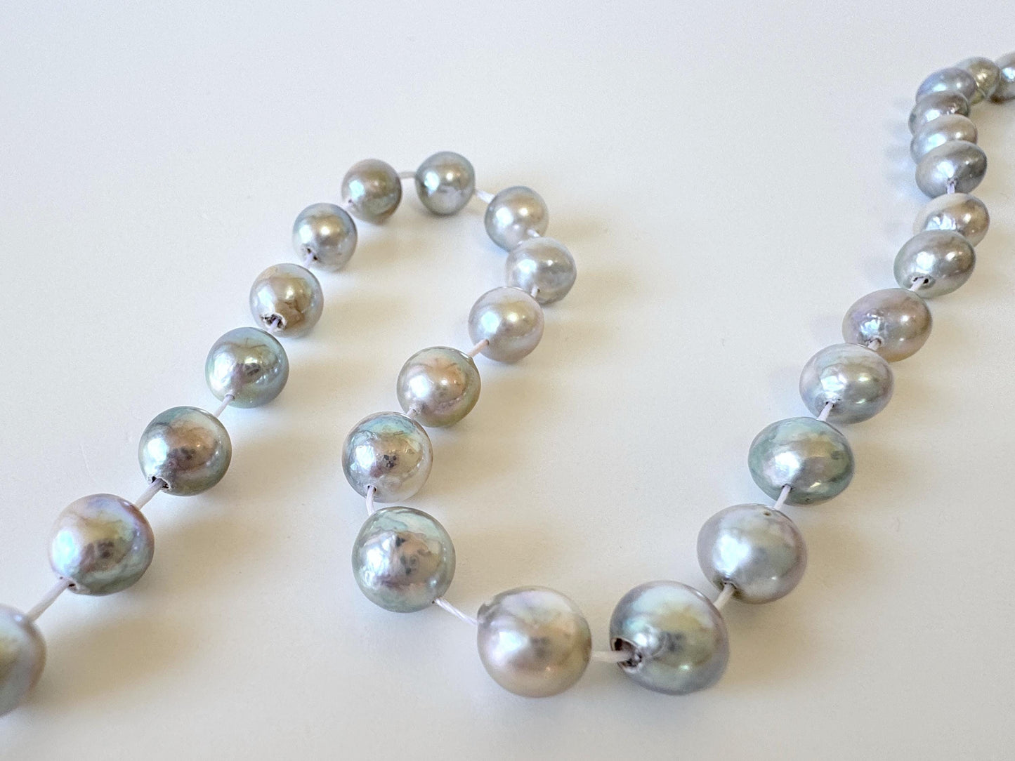 Japanese Akoya Pearl Strand - Natural Blue Silver Cultured Beads - Semi-Round Shape, 7-7.5mm Size, Saltwater Pearls, 40cm Length