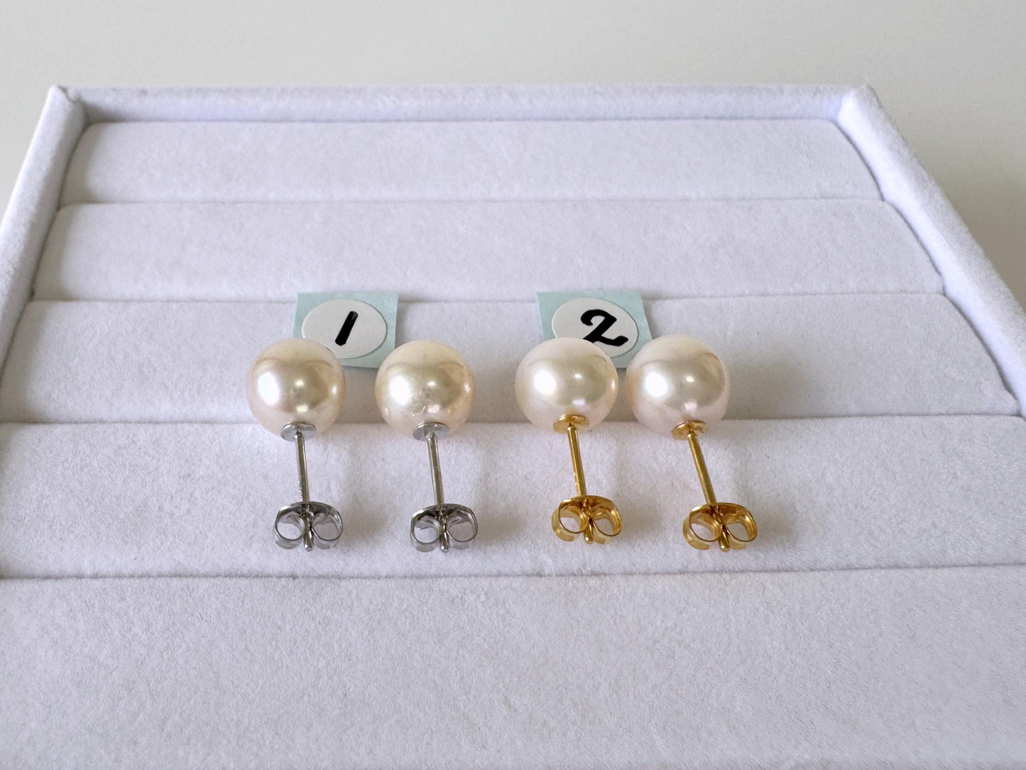 Japanese Akoya Pearl Stud Earrings - Cultured White Pearls, 8.5mm Size, Silver 925, Elegant Everyday Wear