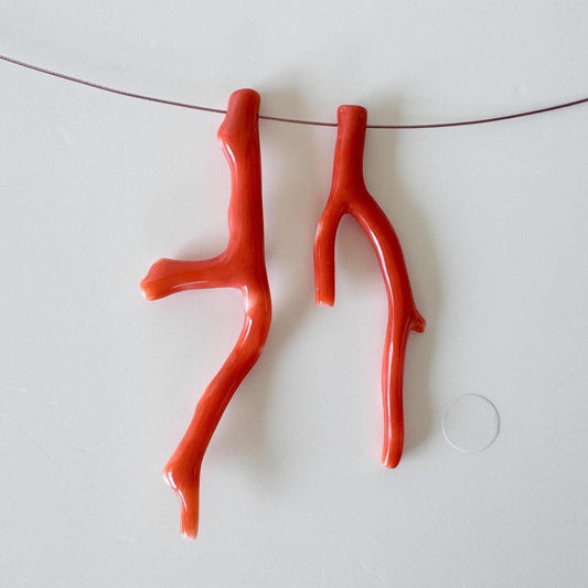 Momo Coral Branches: Natural Orange Japanese Set of 2, Side Full-Hole | Genuine Precious Coral, Jewelry Making, 49-58mm