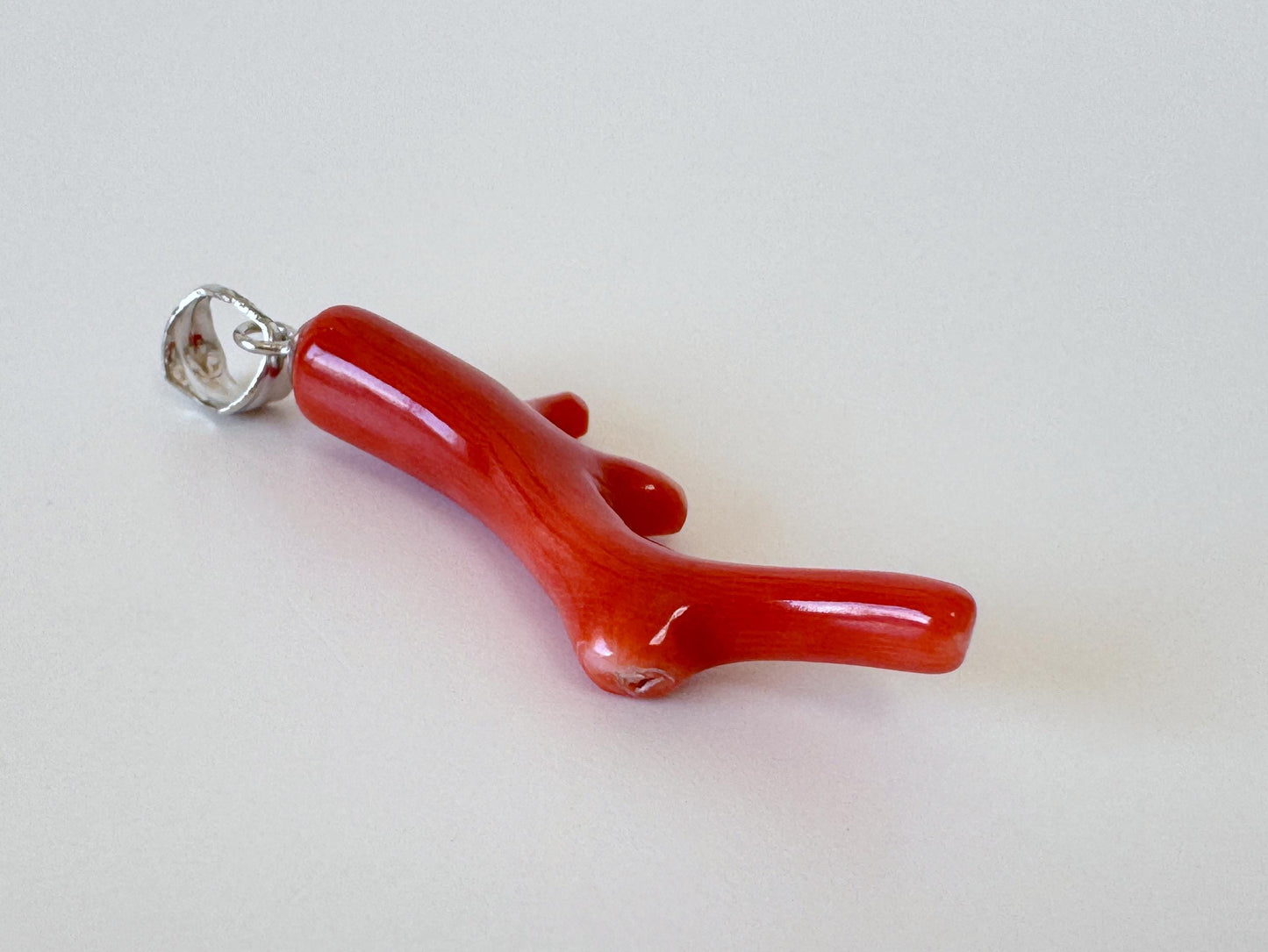 Momo Coral Branch Pendant: Japanese Orange Coral, Rhodium Silver Bail | Natural Deep Sea Jewelry, 34mm Length