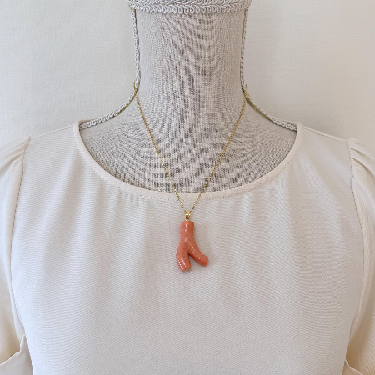 Coral Branch Pendant Jewelry: Deep Sea Pink-Orange Natural Coral, Gold-Plated Silver Bail (38mm)