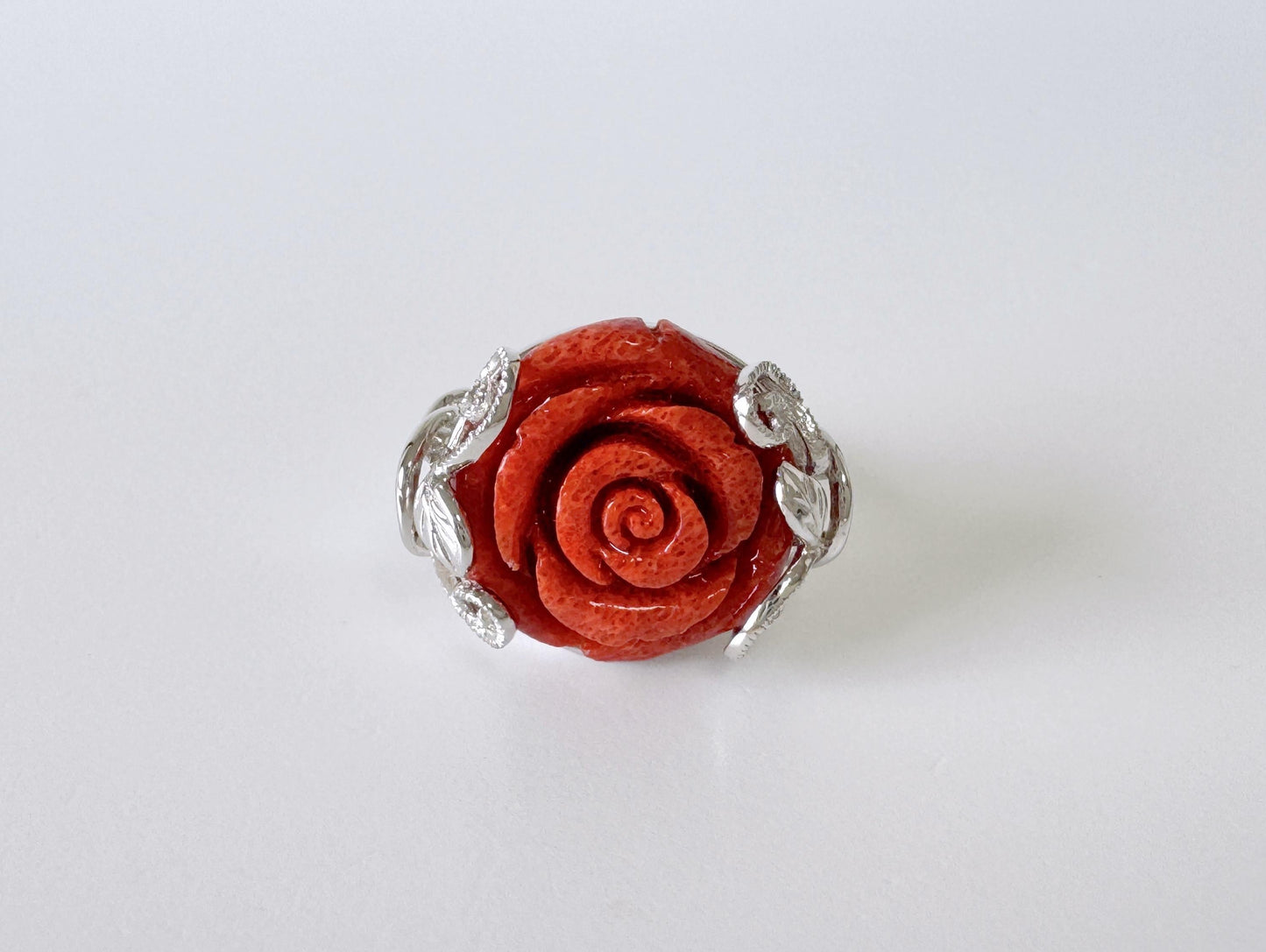 Sponge Coral Rose Ring: Natural Patterned Red Coral Flower Jewelry, Sterling Silver (Size Jp 13, US 6.5-7, UK M-N, IT 53)