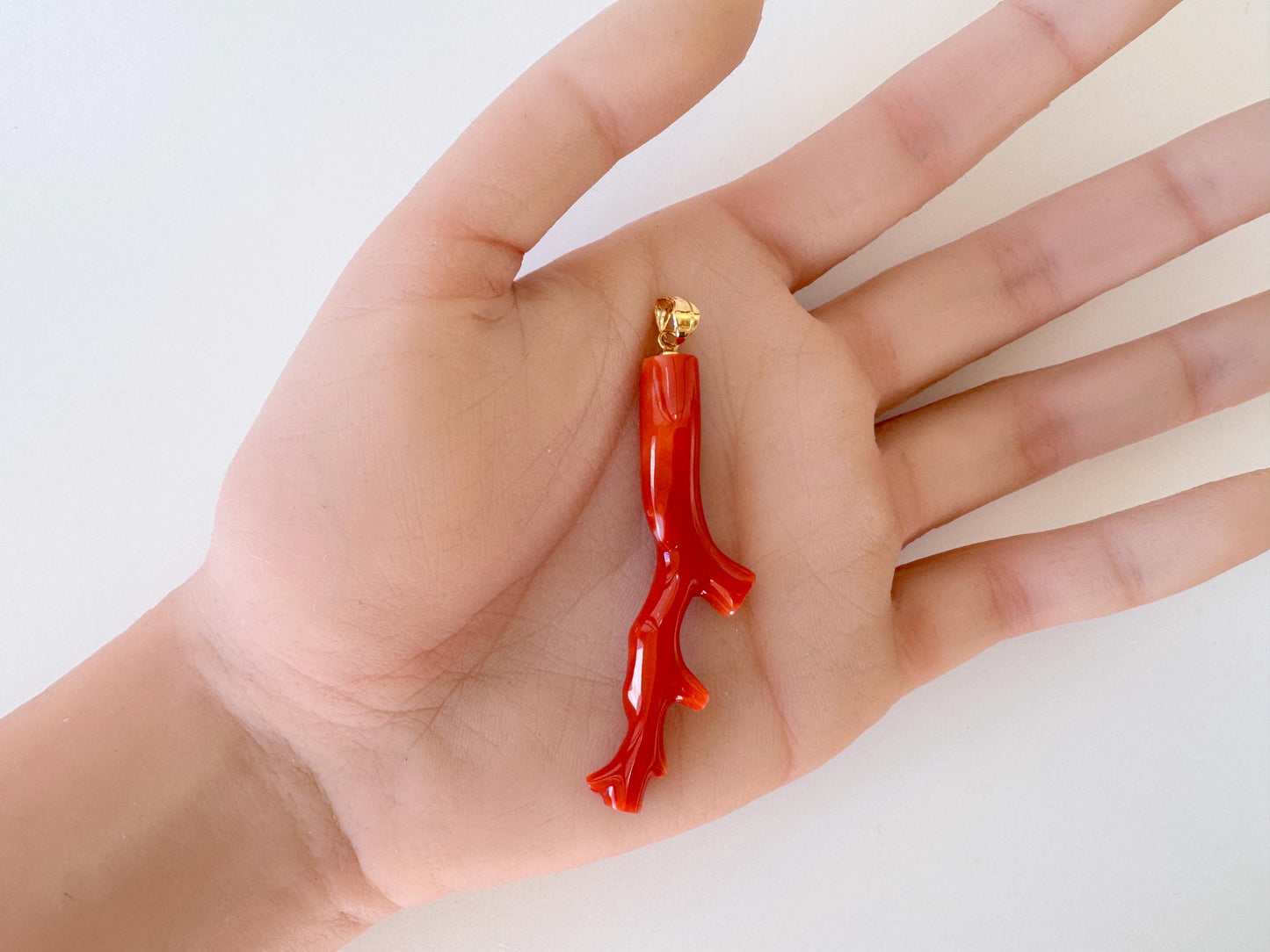 Natural Red Coral Branch Pendant: Japanese Aka Coral, Gold Plated Silver Bail, 55mm