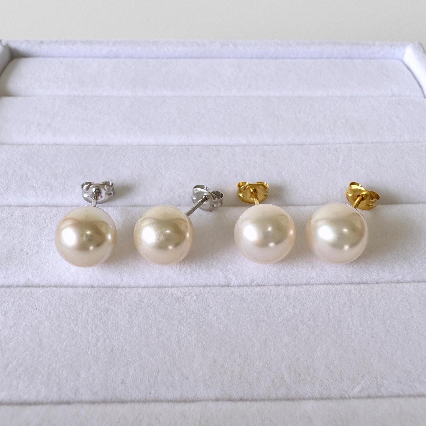 Japanese Akoya Pearl Stud Earrings - Cultured White Pearls, 8.5mm Size, Silver 925, Elegant Everyday Wear