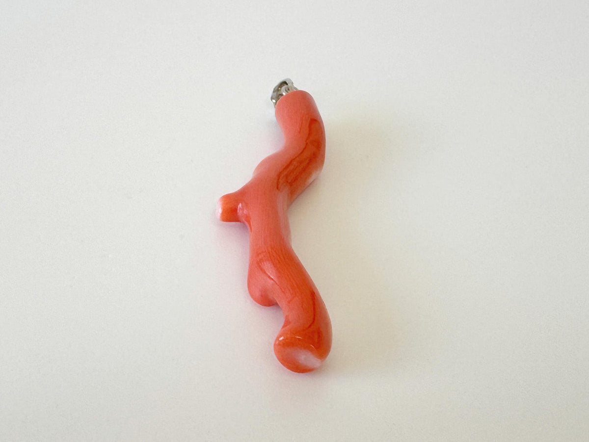 Momo Coral Branch Pendant Natural Jewelry, Japanese Orange Coral (47mm Length, Rhodium-Plated Silver Bail)