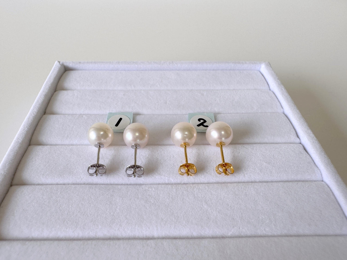 Japanese White Akoya Pearl Stud Earrings, 8.5mm, Silver 925 Post/Ear Nuts, Genuine Akoya Pearl, Salt water cultured pearl