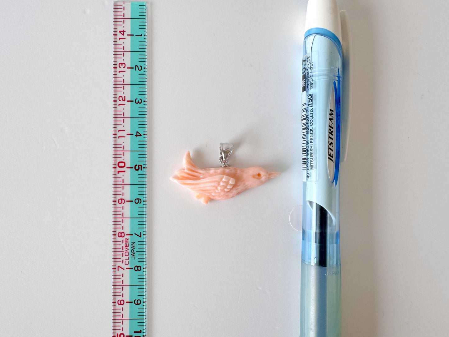 Carved Coral Bird Pendant Natural Jewelry, Pink Deep Sea Coral (34x9.2mm, Rhodium Silver Bail, Hand Carved)