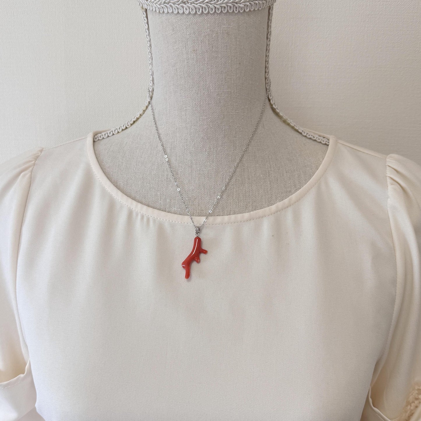 Momo Coral Branch Pendant: Japanese Orange Coral, Rhodium Silver Bail | Natural Deep Sea Jewelry, 34mm Length