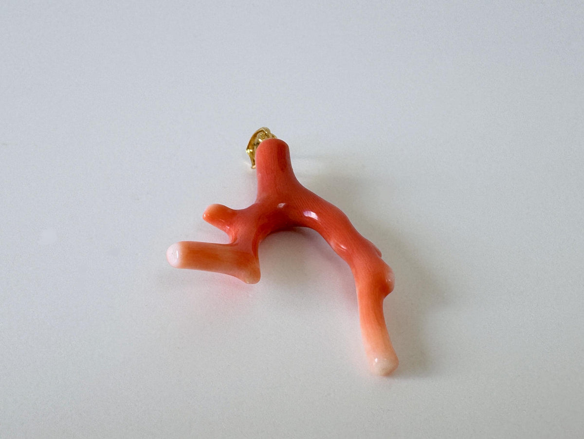 Momo Coral Branch Pendant Natural, Japanese Orange Coral (40mm Length, Silver Gold-Plated Bail, Genuine)