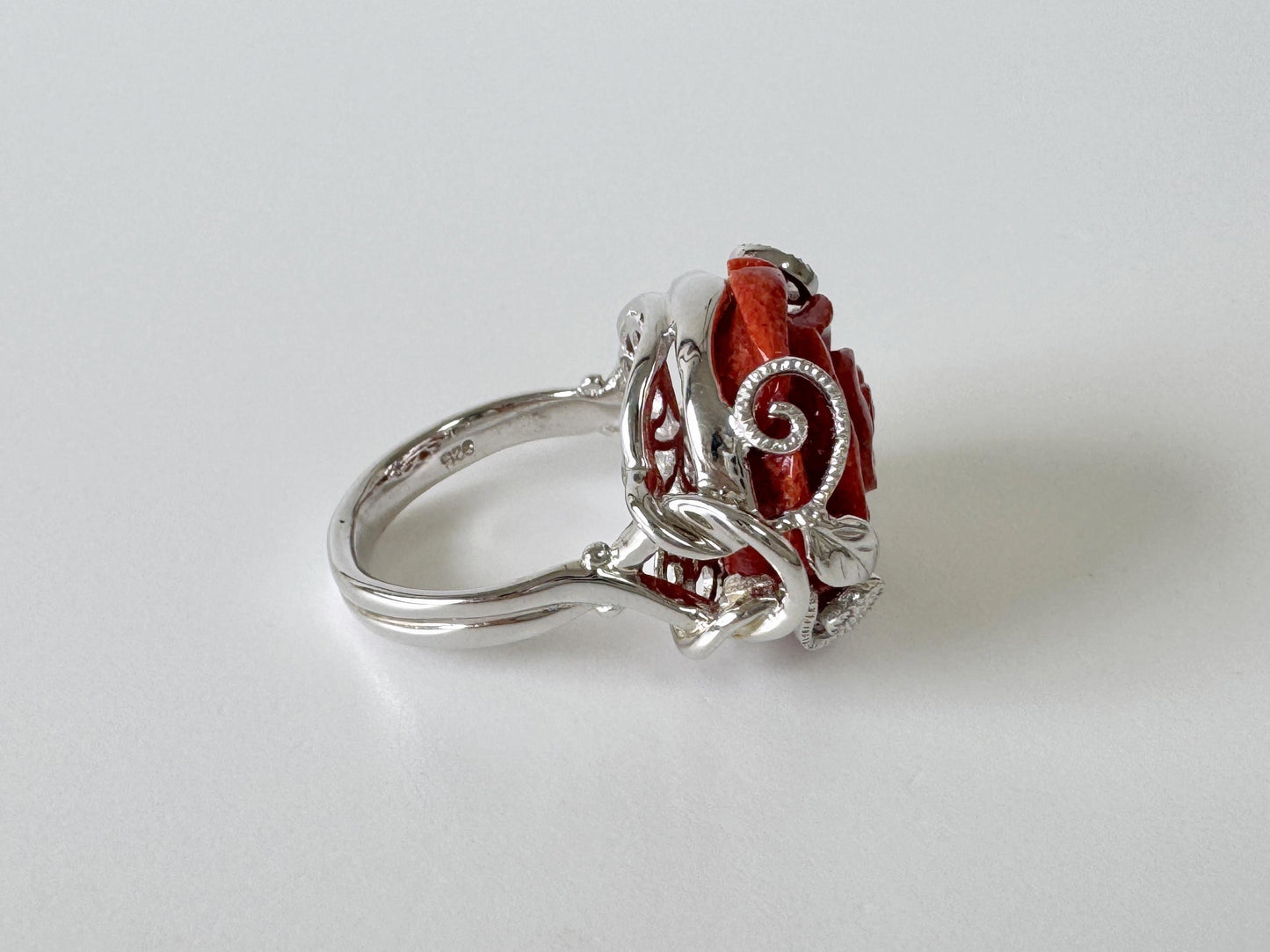 Sponge Coral Rose Ring: Natural Patterned Red Coral Flower Jewelry, Sterling Silver (Size Jp 13, US 6.5-7, UK M-N, IT 53)