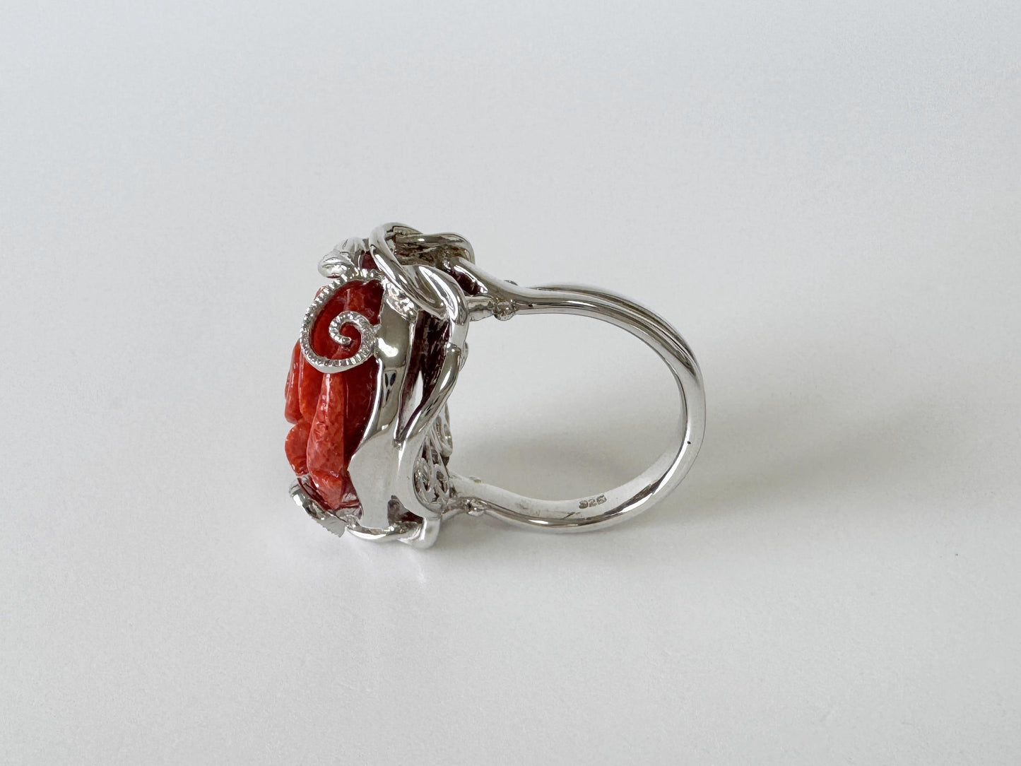 Sponge Coral Rose Ring: Natural Patterned Red Coral Flower Jewelry, Sterling Silver (Size Jp 13, US 6.5-7, UK M-N, IT 53)
