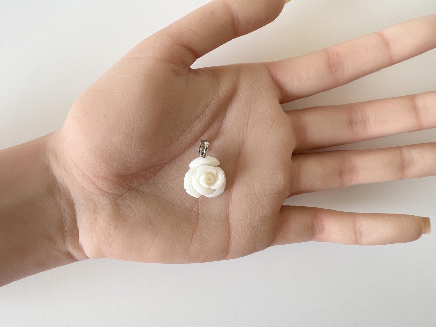 Natural White Coral Rose Pendant, 15x15mm Rose, Natural White Color Coral, Silver (rhodium plated) Bail, Genuine Precious Coral Pendant